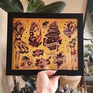 Framed American Traditional Tattoo Flash Art Print, 8x10